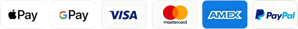 Accepted payment methods: Apple Pay, Google Pay, Visa, Mastercard, American Express, and PayPal